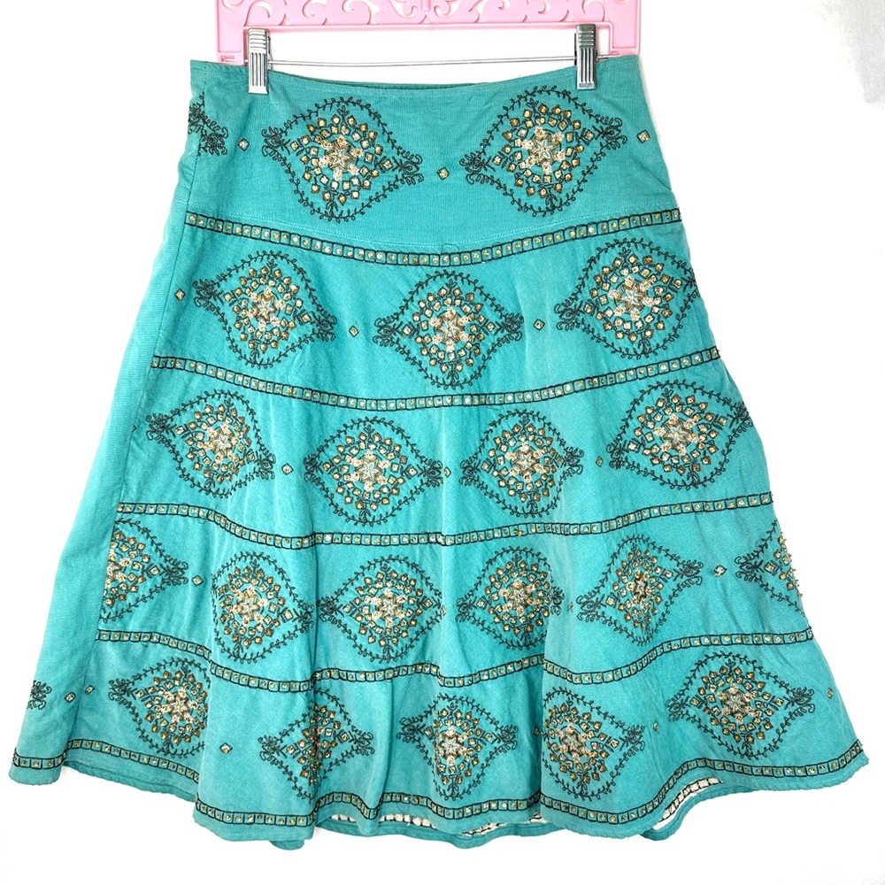 Sugar Lips Women Size M Aqua A Line Midi Skirt Embellished Sequins Topstitching